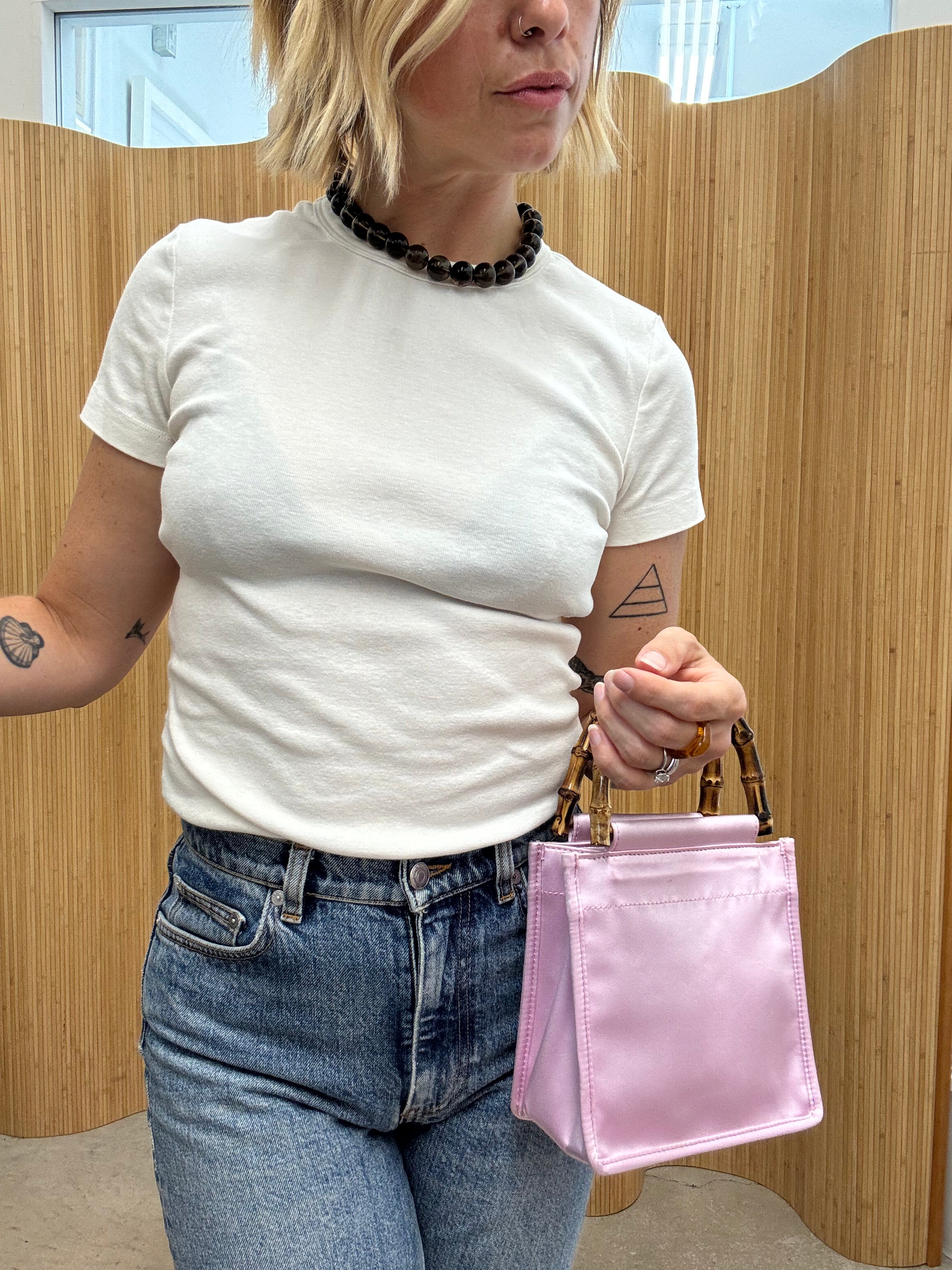 Hai Satin Handbag with Wood Handles